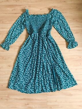 Ember Teal Floral Long-Sleeve Midi Dress with Shirred Bodice Women M